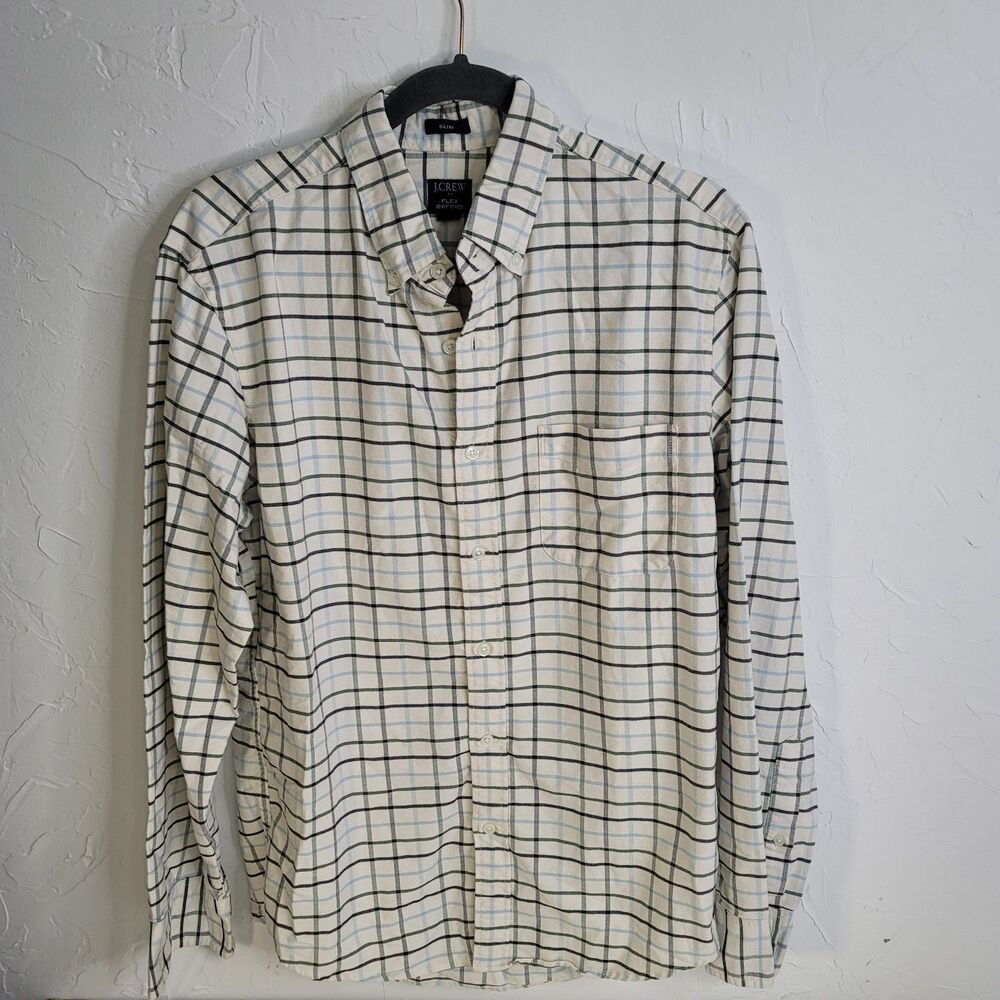 J.Crew Flex Oxford Shirt Mens Medium Slim Cream Windowpane Plaid Button Up